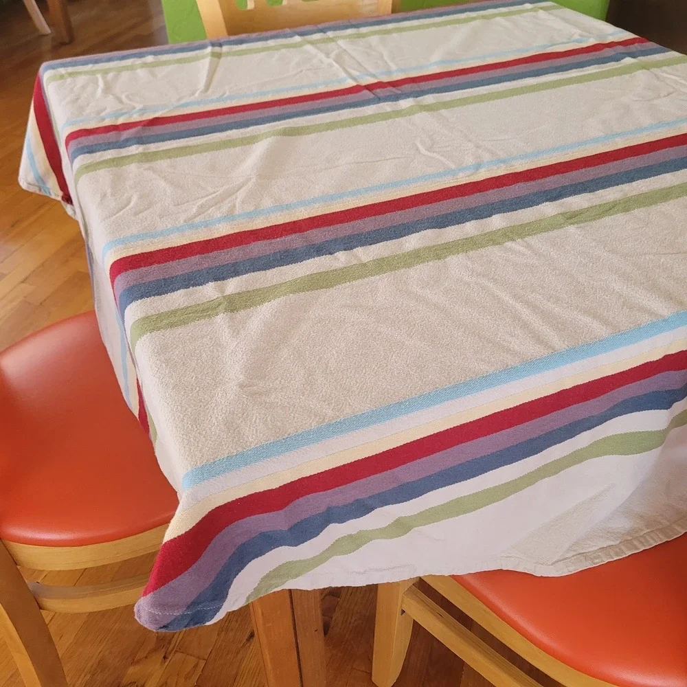 58x67 Beige Oval Striped Red Blue Green Tablecloth Cotton Southwest Western